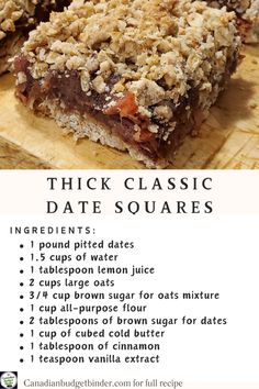 a recipe for thick classic date squares on a cutting board