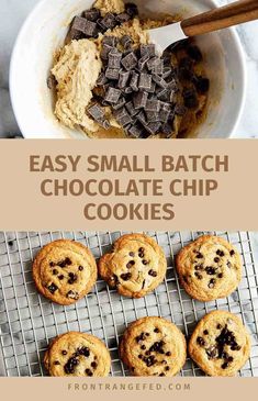 chocolate chip cookies cooling on a wire rack with the words easy small batch chocolate chip cookies