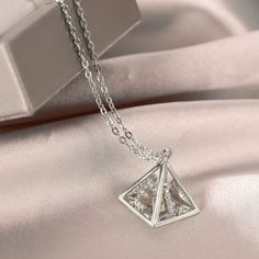 Silver Color Plated Custom Made Pyramid Pendant English Bling Letter Necklace Women's Custom Made Link Chain Jewelry For Women Color Plated Stainless Steel Jewelry High Quality Charm Square Pendant Necklace With Initials For Personalized Gift, Casual Jewelry Necklaces, Elegant Personalized Square Pendant Initial Necklace, Minimalist Pyramid-shaped Jewelry For Gifts, 3d Pyramid, Alphabet Pendants Diamonds, Pyramid-shaped Sterling Silver Jewelry Gifts, Letters Necklace, Pyramid Necklace