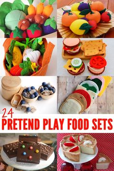 there are many different foods and desserts on the table with text overlay that says, 24 pretend play food sets