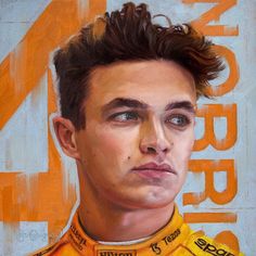 a painting of a man with short hair wearing a yellow racing suit and looking at the camera