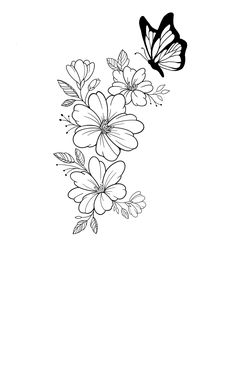 a black and white drawing of flowers with a butterfly flying over it's head