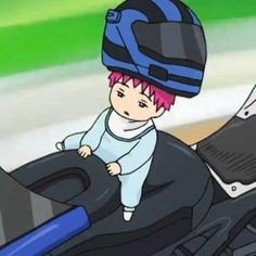 a kid with pink hair sitting on top of a black motorcycle wearing a blue helmet