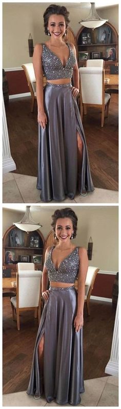 Sexy Two Piece Prom Dress,Beaded Silver Graduation Dress,Two Piece Slit Prom Party Dress G274 Two Piece Prom, Formal Women, Grey Prom Dress, Cheap Prom Dresses Long, Prom Dresses 2018, Elegant Bridesmaid Dresses, V Neck Prom Dresses, Vintage Prom, Dresses Cheap