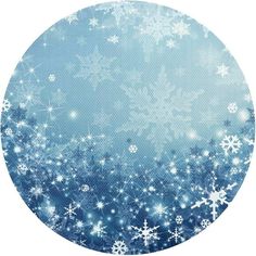 snow flakes are in the middle of a circular blue background with white stars on it