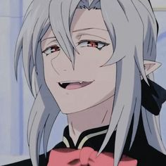 an anime character with long gray hair wearing a bow tie and looking at the camera