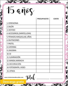 the spanish wedding checklist is shown in pink and black, with an ornate border around it