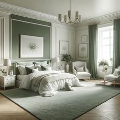 a bedroom with green walls, white furniture and a chandelier hanging from the ceiling