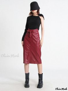 Olivia Mark - Vintage High-Waist Red Leather Skirt with Chic Tote Design Chic Red Pencil Skirt, Chic Red Pencil Skirt For Summer, Chic Red Pencil Skirt For Spring, Chic Red Pencil Skirt For Party, Red Knee-length Bottoms For Fall, Chic Red Knee-length Mini Skirt, Red Lined Skirt For Fall, Red Midi Skirt For Fall, Chic Red Midi Skirt