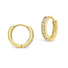 These sleek sterling silver CZ micro hoops are unlike any hoop earrings you've got in your collection! Studded with delicate CZ stones, they're sure to capture attention no matter where you go. Available in silver and gold tones. Materials: 14K gold plated sterling silver sterling silver, cubic zirconia Features: 0.5" hoop, 3mm width, 2mm CZ stones, Lead & Nickel free, friction latch Gold Hypoallergenic Hoop Diamond Earrings, Gold Plated Diamond Accented Huggie Hoop Earrings, Hypoallergenic Gold Hoop Diamond Earrings, Hypoallergenic Gold Diamond Hoop Earrings, Small Hoop Yellow Gold Cubic Zirconia Earrings, Small Hoop Earrings In Yellow Gold With Sparkling Stones, Classic Gold Huggie Earrings With Sparkling Stones, Gold Cubic Zirconia Huggie Hoop Earrings, Classic Yellow Gold Hoop Earrings With Sparkling Stones