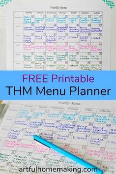 the free printable thm menu planner is shown with a blue pen on top