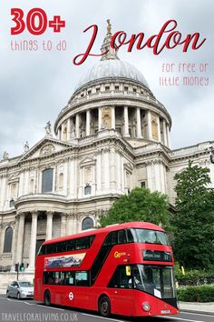 a red double decker bus driving past a tall building with the words 30 + london on it