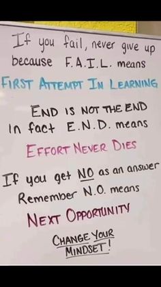 a sign posted on the side of a building that says, if you fail never give up first attempt i'm learning