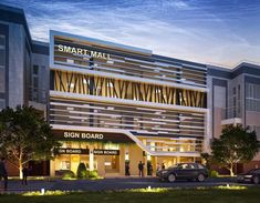 an artist's rendering of the smart mail sign board building at night with cars parked in front