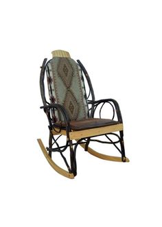 a wooden rocking chair with an upholstered back and armrest, on a white background