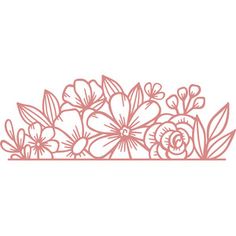 a line drawing of flowers with leaves on the top and bottom, in pink ink