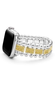 Turn your Apple Watch into a piece of fine jewelry with this band featuring 18-karat gold, sterling silver, yellow sapphires and signature Caviar beading. Apple Watch not included Fits 38 through 45mm Apple Watch Compatible with Series 1–9 Apple Watch Sterling silver/18k gold/yellow sapphire Imported Adjustable Yellow Gold Watch Bands For Gift, Yellow Gold Watch Bands For Gifts, Luxury Adjustable White Gold Apple Watch Band, Luxury Silver Band Jewelry, Luxury White Gold Band Jewelry, Luxury White Gold Watch Bands For Gift, Luxury Yellow Gold Apple Watch Band, Luxury Adjustable Yellow Jewelry, Luxury White Gold Apple Watch Band With Bracelet Strap