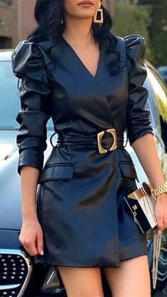 Faux Leather Dress, Black Long Sleeve Dress, Black Dresses Casual, Trend Fashion, Long Puff Sleeves, Common Sense, Leather Dress, Ruched Dress