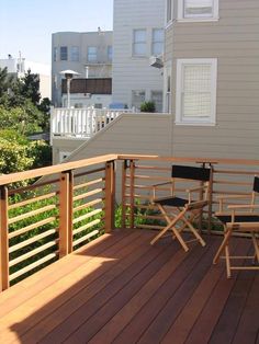 two chairs on a wooden deck overlooking the city