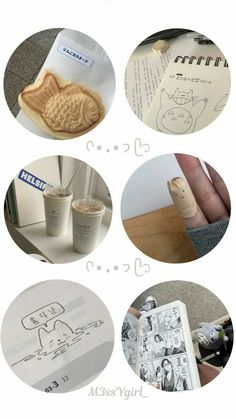 several pictures of different types of food and drink in the process of being drawn on paper