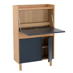 a wooden desk with an open door on the top and bottom shelf, next to a closed drawer