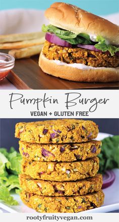 pumpkin burgers with vegan and gluten free sauce on the side is shown