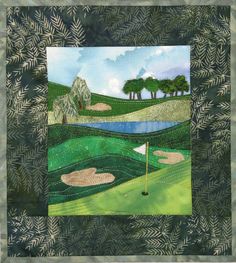 a painting of a golf course with trees in the background