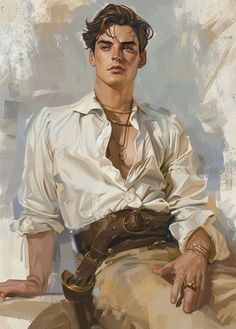 a painting of a young man in a white shirt and tan pants sitting down with his hand on his hip