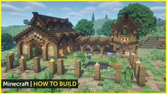 the minecraft how to build house is shown in front of a yellow frame with trees and bushes