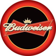 the budweiser logo is shown in red and black with a crown on top