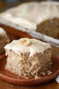 a slice of banana cake on a plate