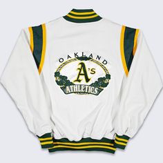 Oakland A's Athletics Vintage 90s Starter Varsity Jacket  MLB Baseball White Green and Yellow Lightweight Bomber Coat  100% Cotton Shell Large Stitched Patch Very Rare Collectors Item In Excellent Vintage Condition  No Holes or Stains Size Men's Small Make Sure to Check Your Measurements Length: 26 in Pit to Pit: 22 in FREE AND FAST SHIPPING IN THE USA Vintage White College Outerwear, Vintage White Outerwear For College, Vintage White Varsity Jacket For College, Retro Varsity Jacket For Sports In Spring, Retro Varsity Jacket For Spring Sports, Retro Spring Varsity Jacket For Sports, Vintage Fall Outerwear For Sports Events, Vintage White Varsity Jacket Long Sleeve, Throwback College Track Jacket For Fall