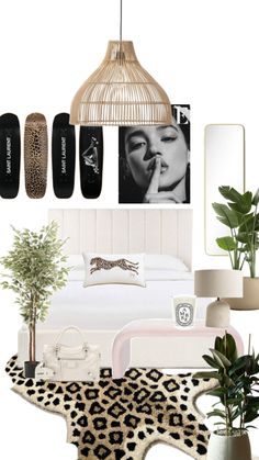 a bedroom with black and white accessories, leopard print rugs, potted plants, an animal - print bed spread