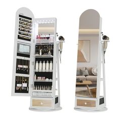 two mirrors and a shelf with cosmetics on it