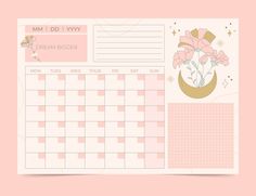 a calendar with pink flowers and stars on the side, in front of a pink background