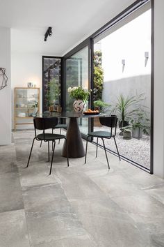 a dining room table with chairs and potted plants in the center, next to an open patio door