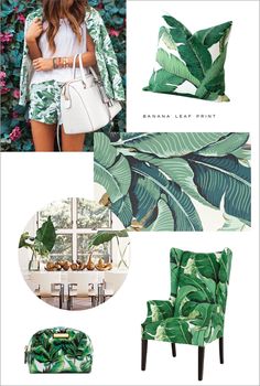 a green and white tropical print is featured in the magazine, featuring an image of a chair