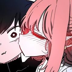 an anime character with long hair and red eyes is kissing another person's face