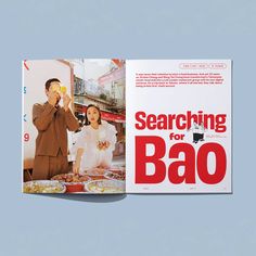 a man and woman standing next to each other in front of a magazine with the title searching for bao on it