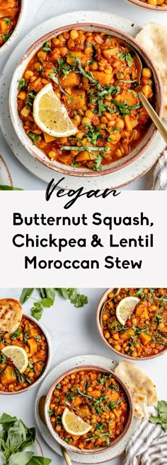 two bowls filled with butternut squash, chickpea and lentil moroccan stew