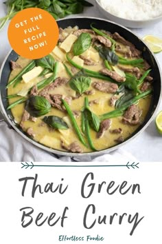 thai beef curry in a skillet next to rice and limes on the table