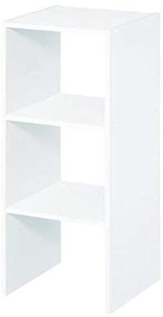 a white bookcase with three shelves on each side and one door open in the middle