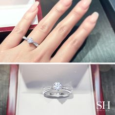 a woman's engagement ring in a box and an image of her wedding band