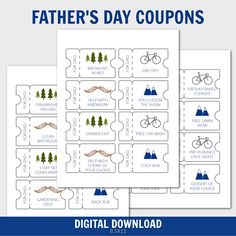 father's day coupons with trees, mountains and bicycles in blue on white