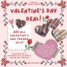 💗 Valentine’s Day Deal˚ ༘♡ 🎀⋆｡˚ 
 It’s time to get ready for v-day ladies, tell your bf/gf you need some fun nail art for Valentine’s Day! 

💘All Valentine’s Day themed sets are $85 no matter what nail art tier, just add on your length or gel-x extensions!

💌 Enjoy a free goodie bag at the end of your service!

*sets shown in slides are not my work but an example of what kind of set you could get*

🏠📍Located in 64050 Independence, Mo
🗓️ Availability linked in linktree!
‎—————— ⊹ ⊱ ❀ﹾ𓈒ིུ✩ ⊰ ⊹ ...