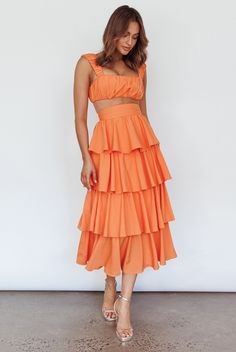 Shop the Suenito Tiered Frill Maxi Skirt Orange | Selfie Leslie Orange Maxi Skirt, Bright Heels, Pink Dress Shoes, Brunch Dress, Happy Hours