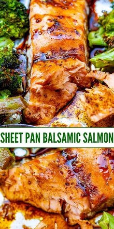 two pictures of chicken, broccoli and other food items on a plate with the words sheet pan balsamic salmon