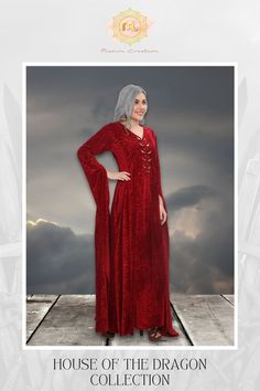 a woman wearing a red dress and veil with the words house of the dragon collection