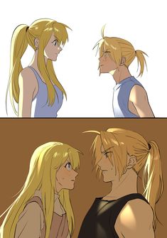 two anime characters, one with blonde hair and the other with blue eyes are facing each other