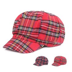 a red plaid hat and matching cap are on the white background, with three pieces of clothing in front of it